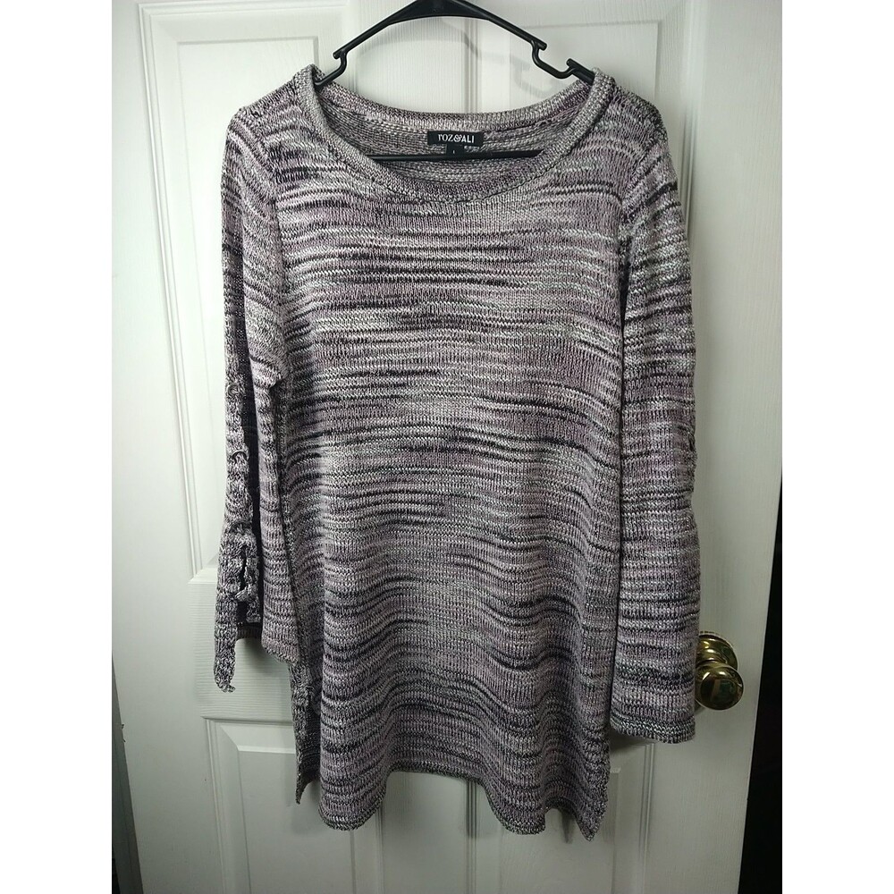Roz & Ali Women L Sweater   Tunic Knit  Lace Up Bell Sleeve Side Slit Sparkly